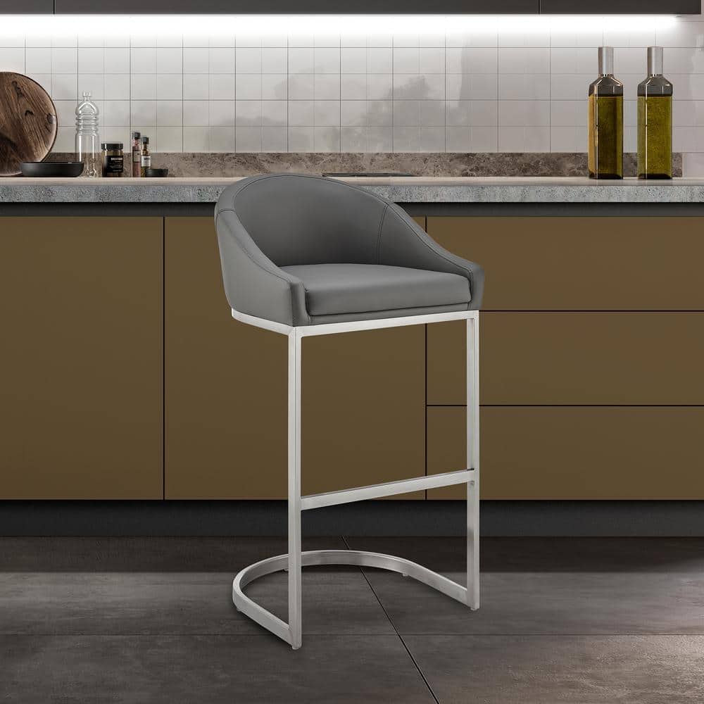 Atherik 34-38 in. Grey/Brushed Stainless Steel Metal 24 in. Bar Stool with 