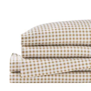 Cozy Cotton Flannel Beige Gingham Check 4-Piece King Sheet Set