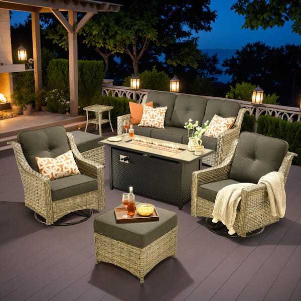 Caodoc Harpera 7-Piece Wicker Outdoor Patio Conversation Sofa Seating Set with Swivel Rocker, Black Cushions, Metal Fire Pit