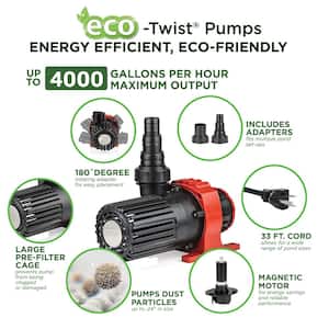 Eco-Twist Energy-Saving Pump 4000GPH with 33' Cord for Ponds, Filtration Systems, and Waterfalls