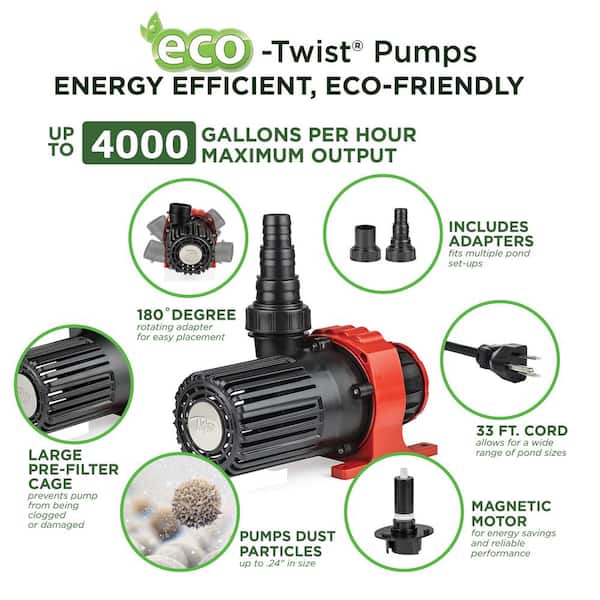 Eco-Twist Energy-Saving Pump 4000GPH with 33' Cord for Ponds, Filtration Systems, and Waterfalls