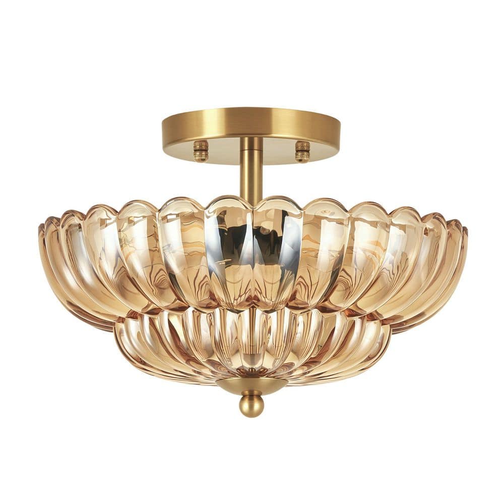 11.8 in. Modern Bowl Polished Gold and Amber Glass Semi-Flush Mount Ceiling Light for Bedroom with Floral Shade price history on PriceWatchPro