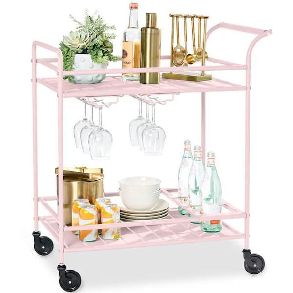 Best Choice Products 2-Tier Pink Outdoor/Indoor Metal Bar Serving Cart with Storage Shelves and Lockable Wheels
