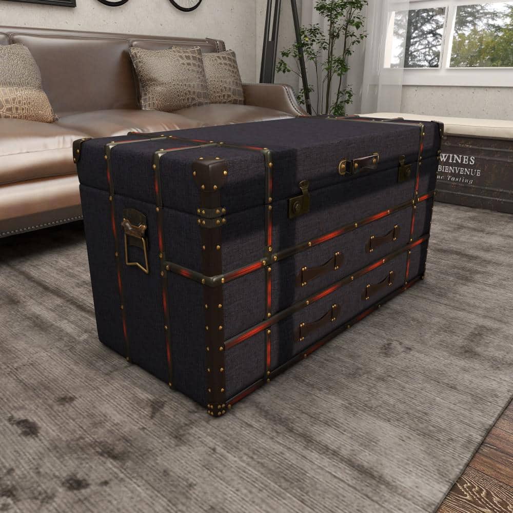 Dark Blue Linen Upholstered Trunk Coffee Table with Storage