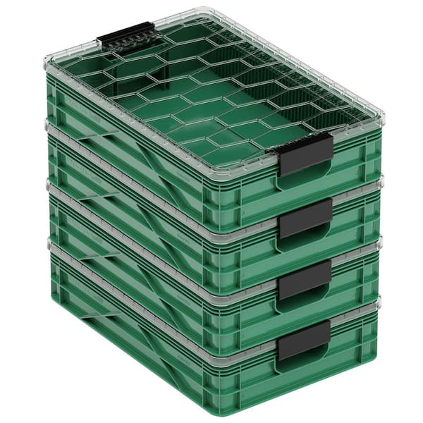 Quarter Crate 4-Pack Heavy Duty Stackable Storage Bins with Lids and Dividers Optic Green