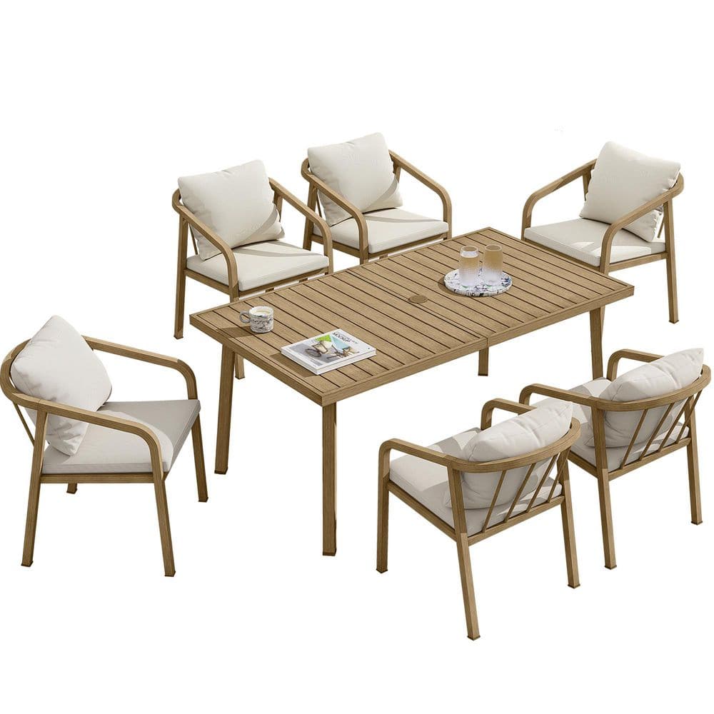 Teak Finish 7-Piece Aluminum Outdoor Dining Set with Beige Cushions price history on PriceWatchPro