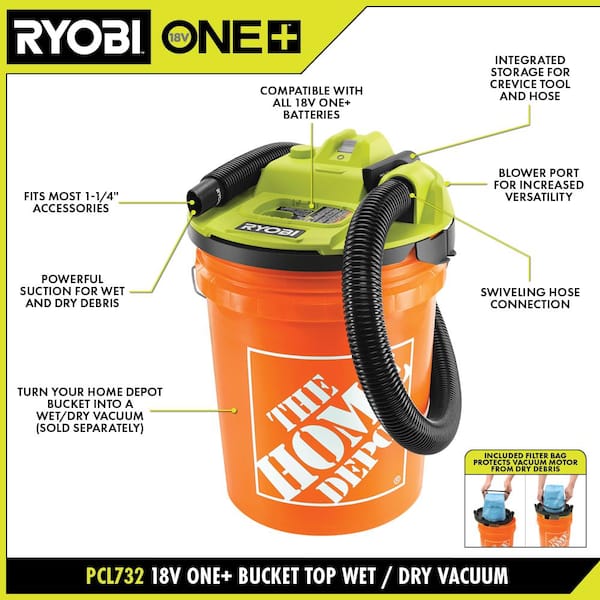 RYOBI ONE+ 18V Cordless 5 Gal. Bucket Top Wet/Dry Vacuum (Tool
