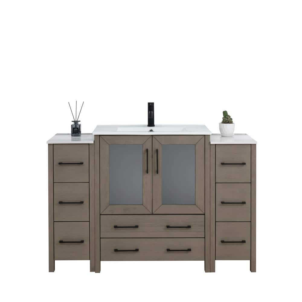 54" Driftwood Gray Solid Wood Bathroom Vanity with Ceramic Top and Mirror