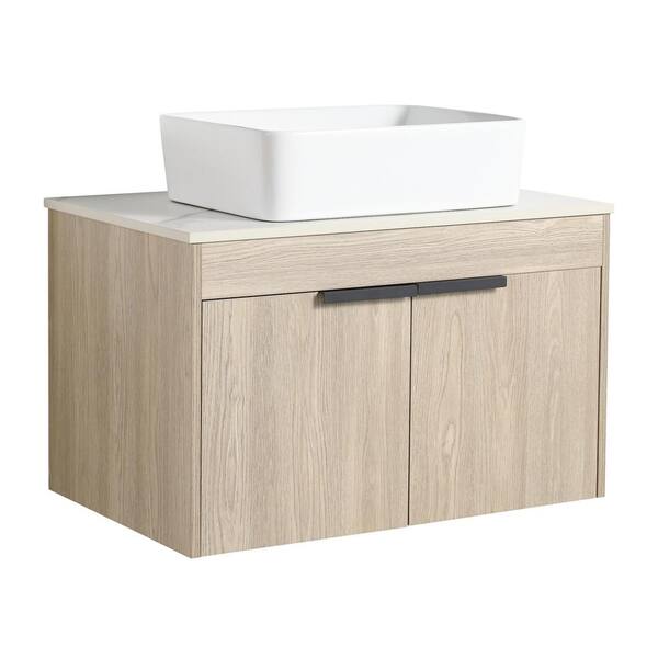 Boosicavelly 29.53 in. W x 18.9 in. D x 18.3 in. H Single Sink Wall Mounted Bath Vanity in White Oak with White Sintered Stone Top