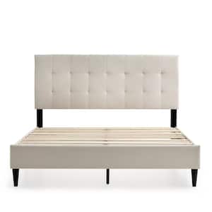 Mary White Cream Wood Frame Full Platform Bed with Square Tufted Headboard