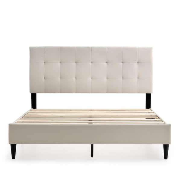 Brookside Mary White Cream Wood Frame Full Platform Bed with Square Tufted Headboard