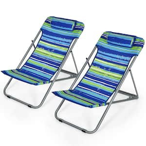 2-Pieces Blue Portable Beach Chair 3-Position Lounge Chair with Headrest