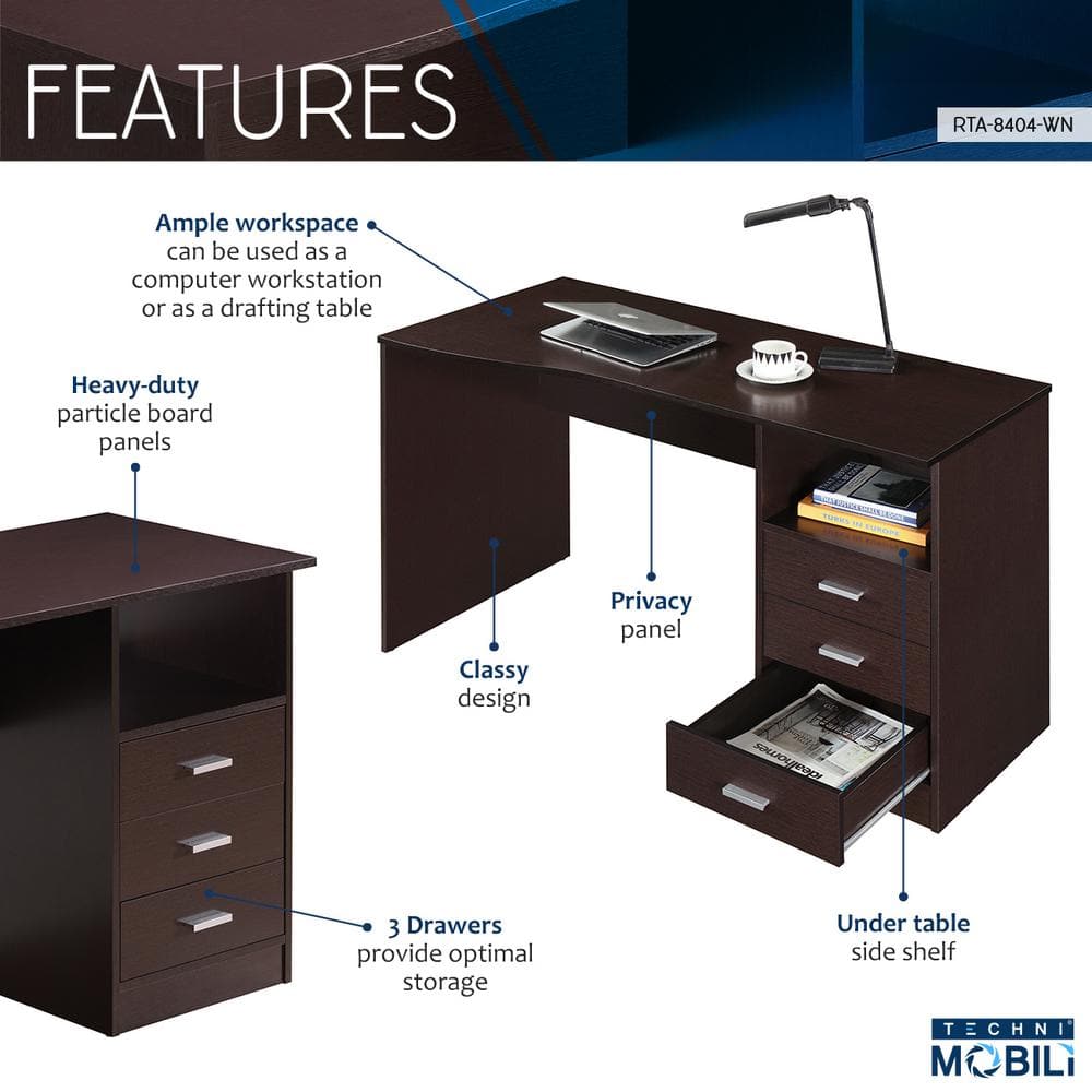 Espresso Gray 51" Wood Desk with 3 Drawers and Shelf