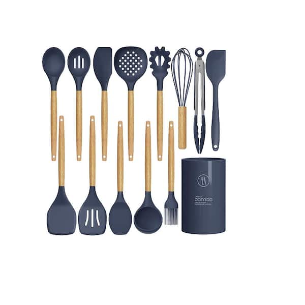 Aoibox 14-Piece Silicon Cooking Utensils Set with Wooden Handles and Holder for Non-Stick Cookware, Blue