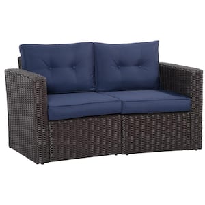 2-Piece Metal Patio Corner Outdoor Loveseat Sofa Set with Curved Armrests and Padded Dark Blue Cushions