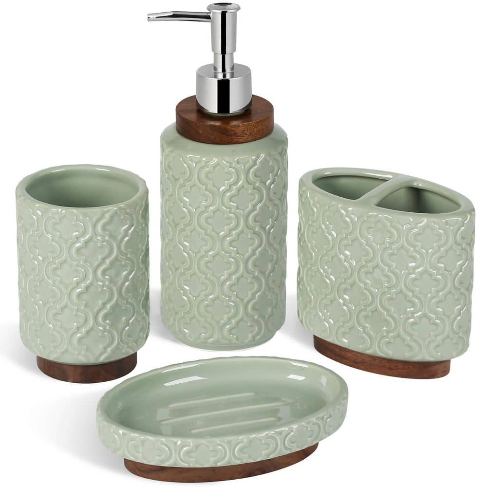 4-Piece Bathroom Countertop Accessory Set with Toothbrush Holder, Soap Dispenser, Soap Dish and Tumbler in Green price history on PriceWatchPro