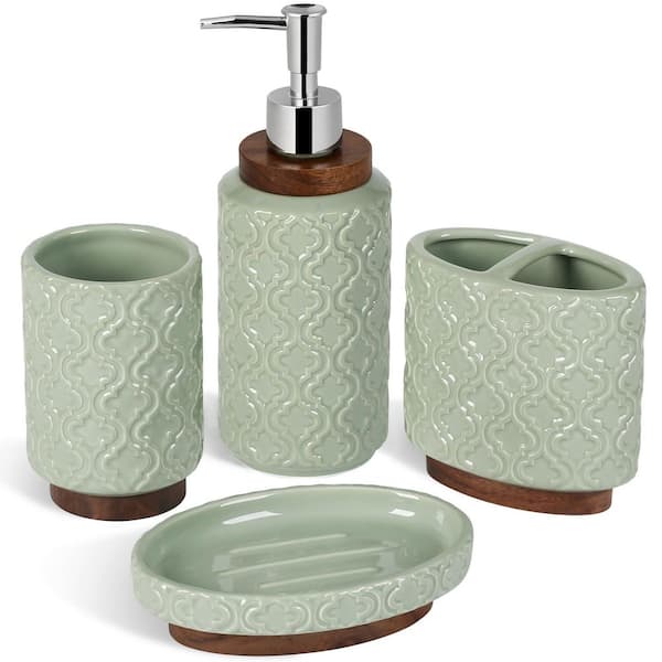 4-Piece Bathroom Countertop Accessory Set with Toothbrush Holder, Soap Dispenser, Soap Dish and Tumbler in Green
