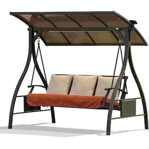 3 Person Metal Patio Porch Swing Adjustable Canopy Luxury Hammock Swing with Solar LED Lights and 3 Sunbrella Cushions