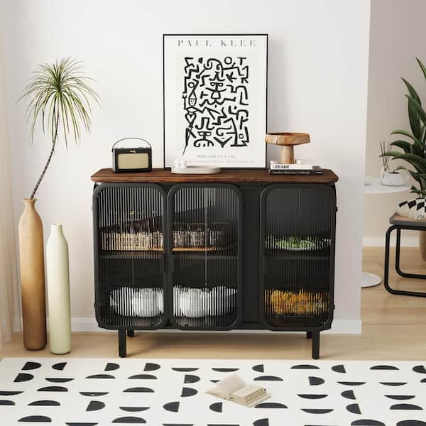 FUNKOL 14.37-in W x 40.94-in D x 31.69-in H in Black Metal Ready to Assemble Floor Kitchen Cabinet with Glass Doors