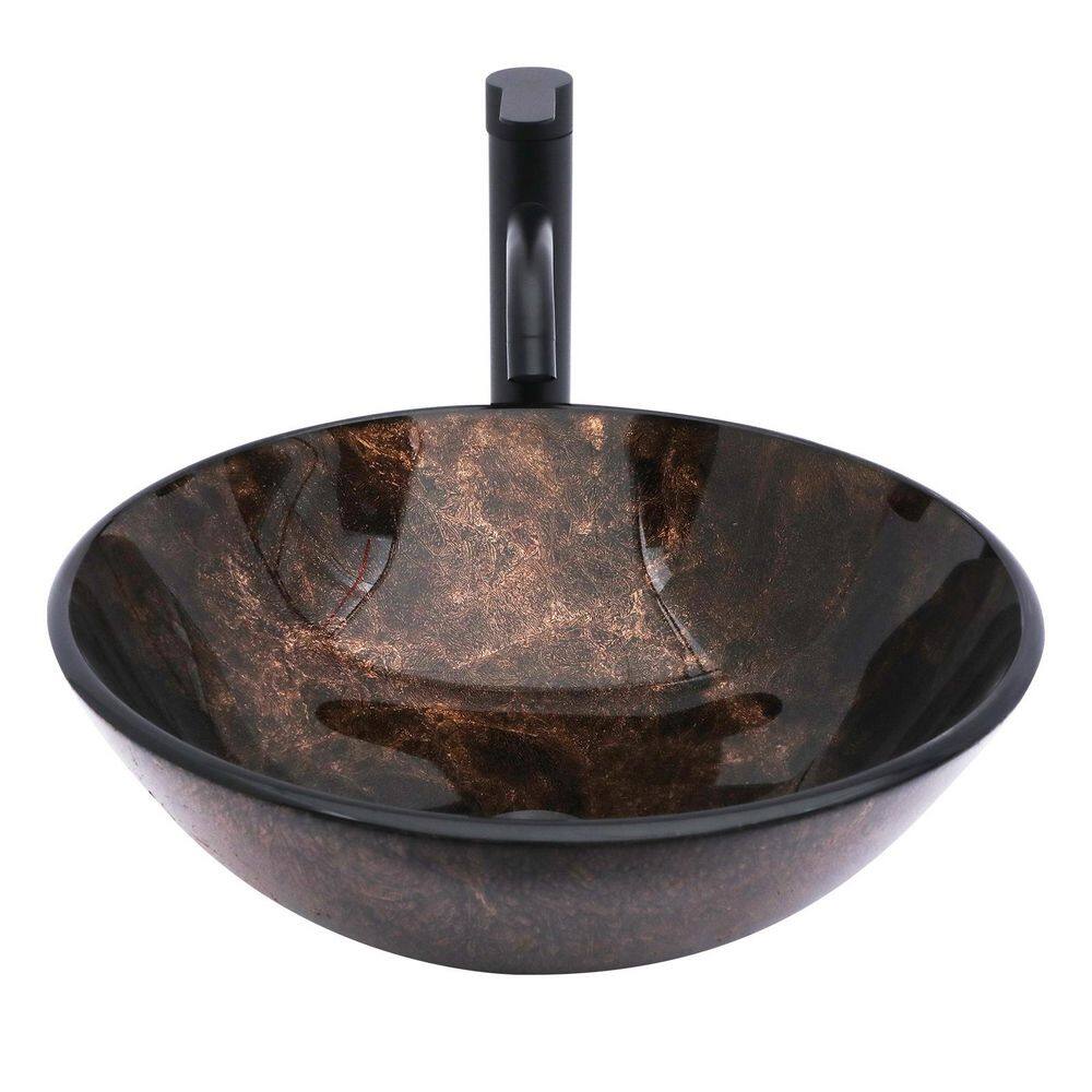 16-1/2 in Round Vessel Bathroom Sink in Brown Gold Glass with Black Pop-up Drain and Black Fauect price history on PriceWatchPro