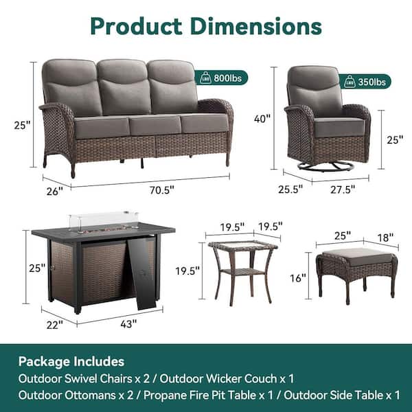 Moonridge 7-Piece Brown Wicker Fire Pit Conversation Set with 6 In. Olefin Gray Cushions / Metal Fire Pit Table