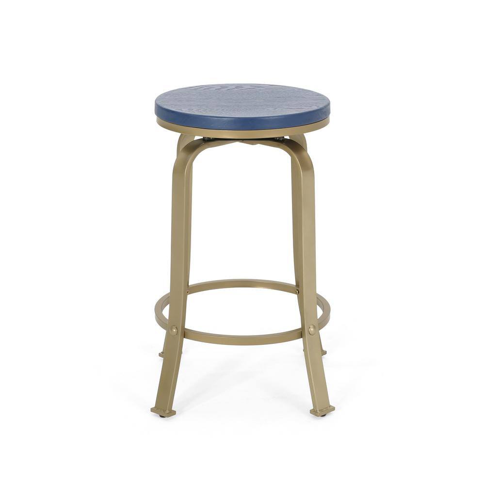 Satin Blue Swivel Counter Stool with Faux Wood Seat and Gold Frame (Set of 2)