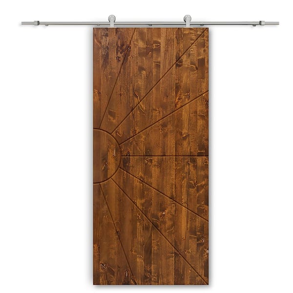 CALHOME 30 in. x 96 in. Walnut Stained Pine Wood Modern Interior Sliding Barn Door with Hardware Kit