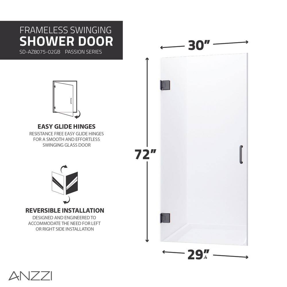 Gunmetal Frameless 30" x 72" Hinged Shower Door with Handle