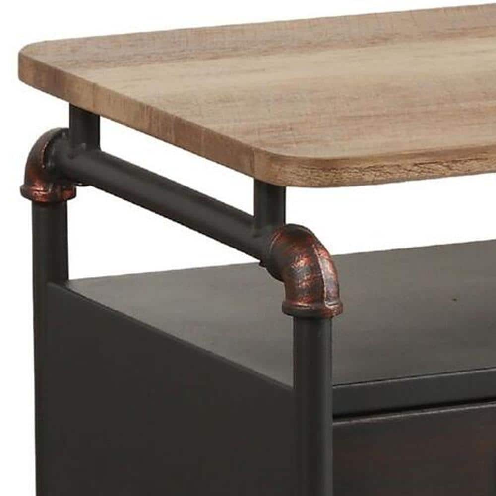 Industrial Oak and Gray Metal Nightstand with Drawer and Shelf