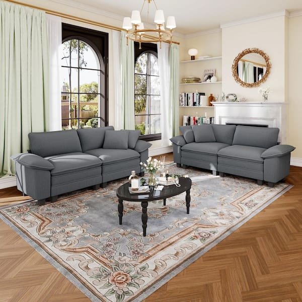 87.5 in. Flared Arm 4-Seat Corduroy Fabric Modular Sectional Sofa in Light Gray with Throw Pillows for Living Room