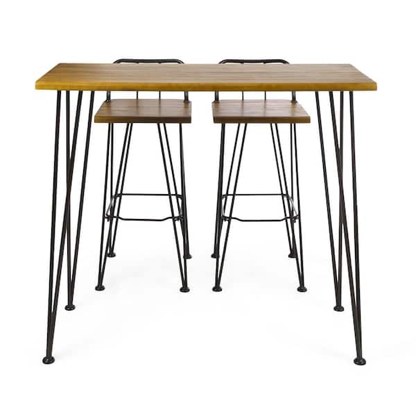 Teak Brown 3-Piece Wood and Metal Rectangular Outdoor Bar Height Dining Set