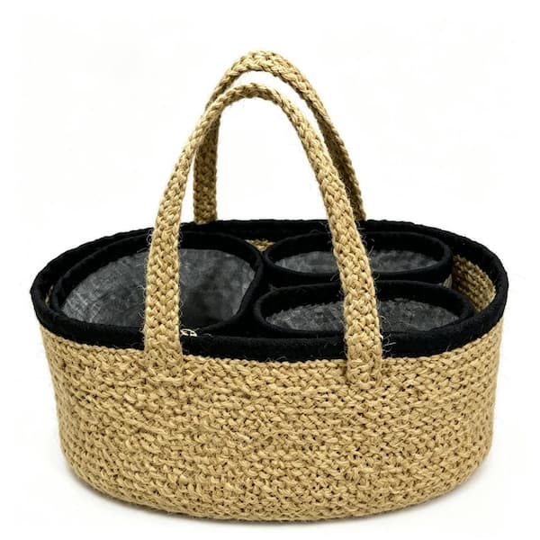 Jute Woven Storage Basket Bin with Handles, Black Rim Organizer Bin for Bedroom Toys Clothes, Natural Tone, 1+3 Pack