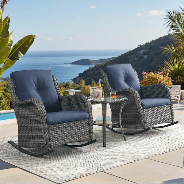 Outdoor Gray Wicker Outdoor Rocking Chair with CushionGuard Blue Cushions Patio (Set 2-Pack)
