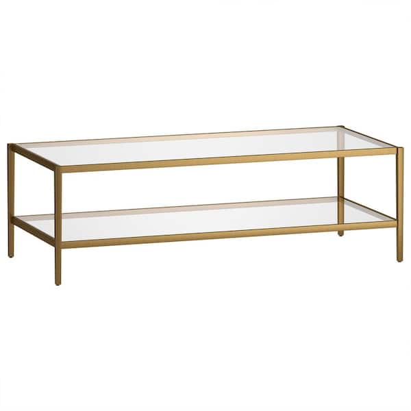Hera 54 in. Antique Brass Finish Rectangle Glass Coffee Table with Clear Glass Shelf