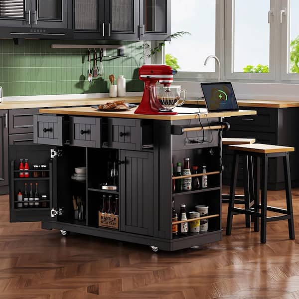 tunuo Black MDF Wood 53.14 in. Kitchen Island with 2 Bar Stools