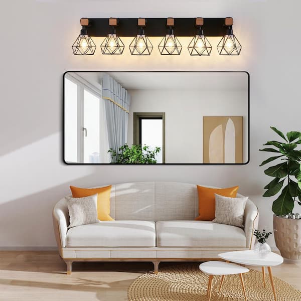 38 in 6 Light black Grain Finish Vanity Light Fixture Bathroom Over Mirror Wall Light Wooden Accents Cage shade Bathroom