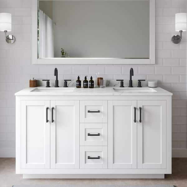 Wyndham Collection Miranda 60 in. W x 22 in. D x 33.75 in. H Double Bath Vanity in White with Giotto Quartz Top and 58 in. Mirror