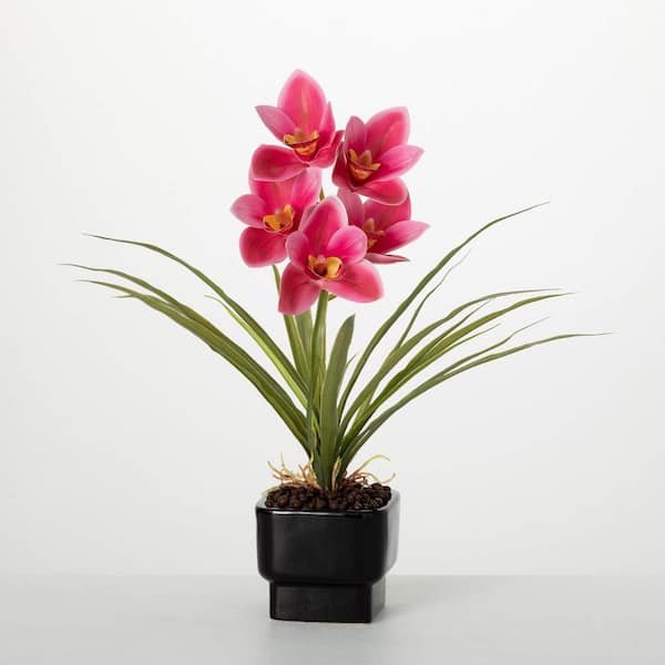 SULLIVANS 17 in. Artificial Pink Cymbidium Orchid in Pot