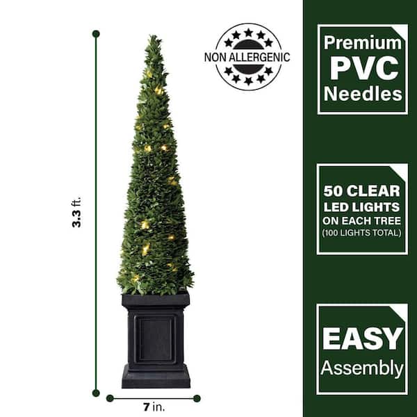 40 in. Christmas Boxwood Topiary Cones with Square Pots and Clear LED Lights (Set of 2)