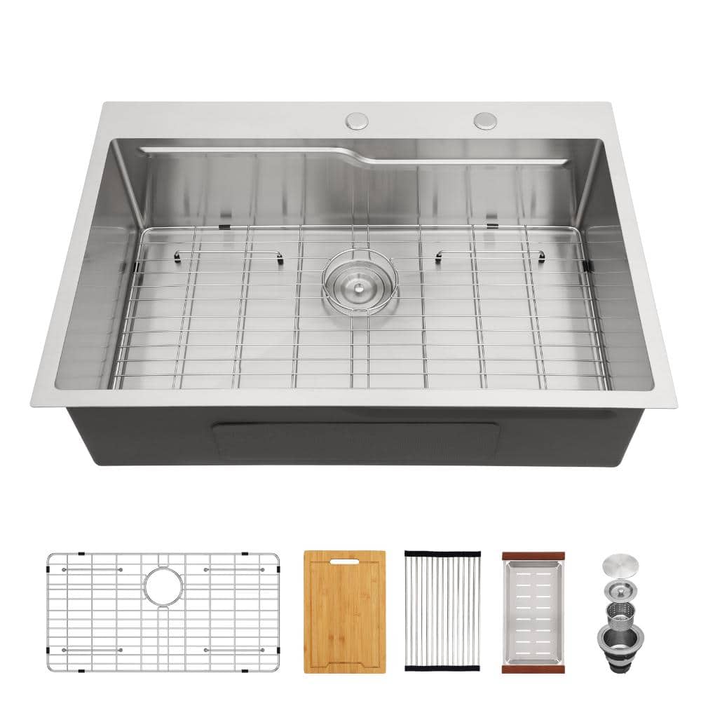 33 in. Drop-In Dual-Tier Workstation Kitchen Sink Single Bowl in Brushed 16-Gauge Stainless Steel with Accessories price history on PriceWatchPro
