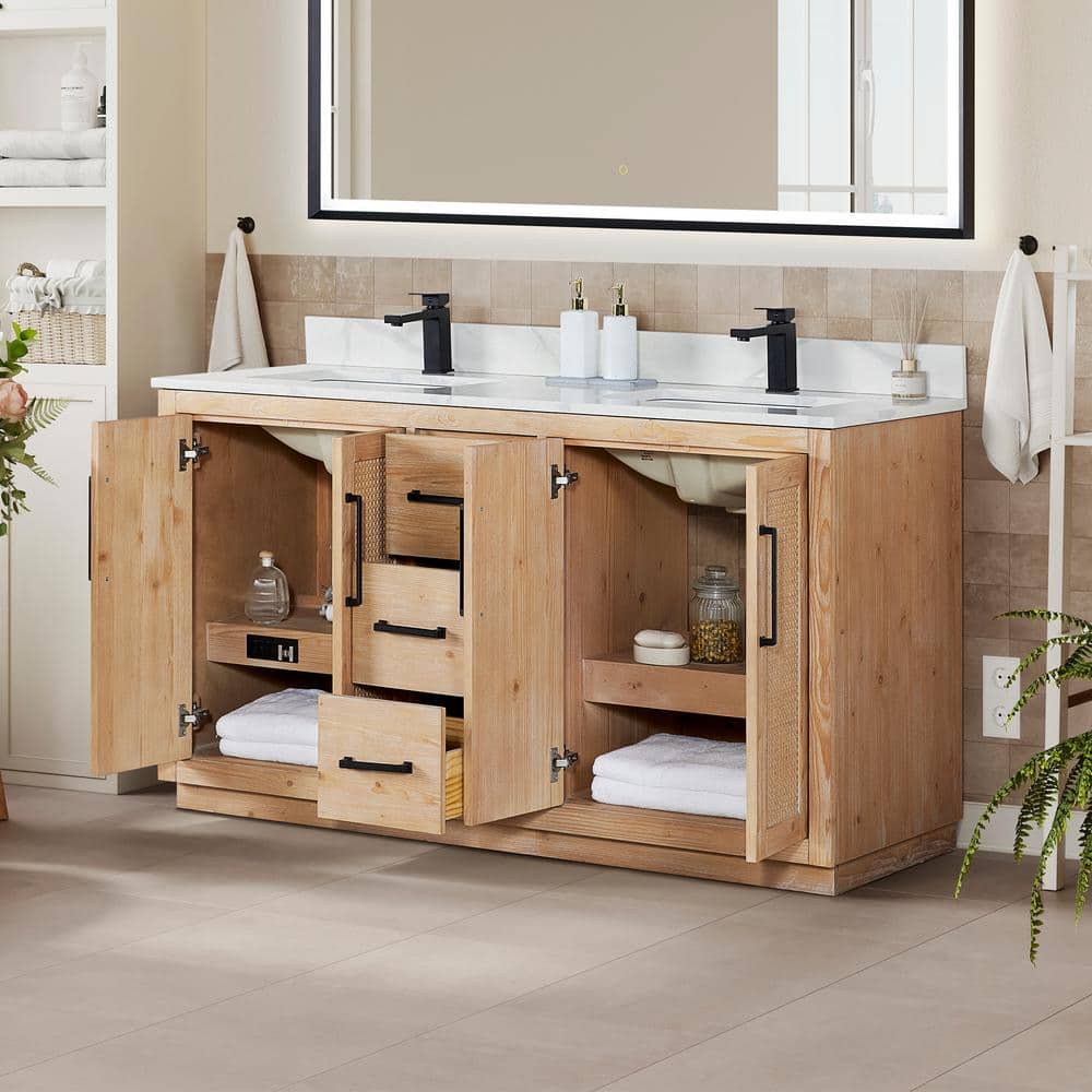 Floral 60" Light Brown Fir Wood Double Vanity with Calacatta Quartz Top