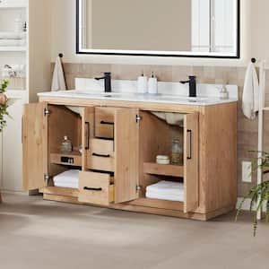 Floral 60 in. W x 22 in. D x 33 in. H Double Sink Freestanding Bath Vanity in Brown with Calacatta White Quartz Top