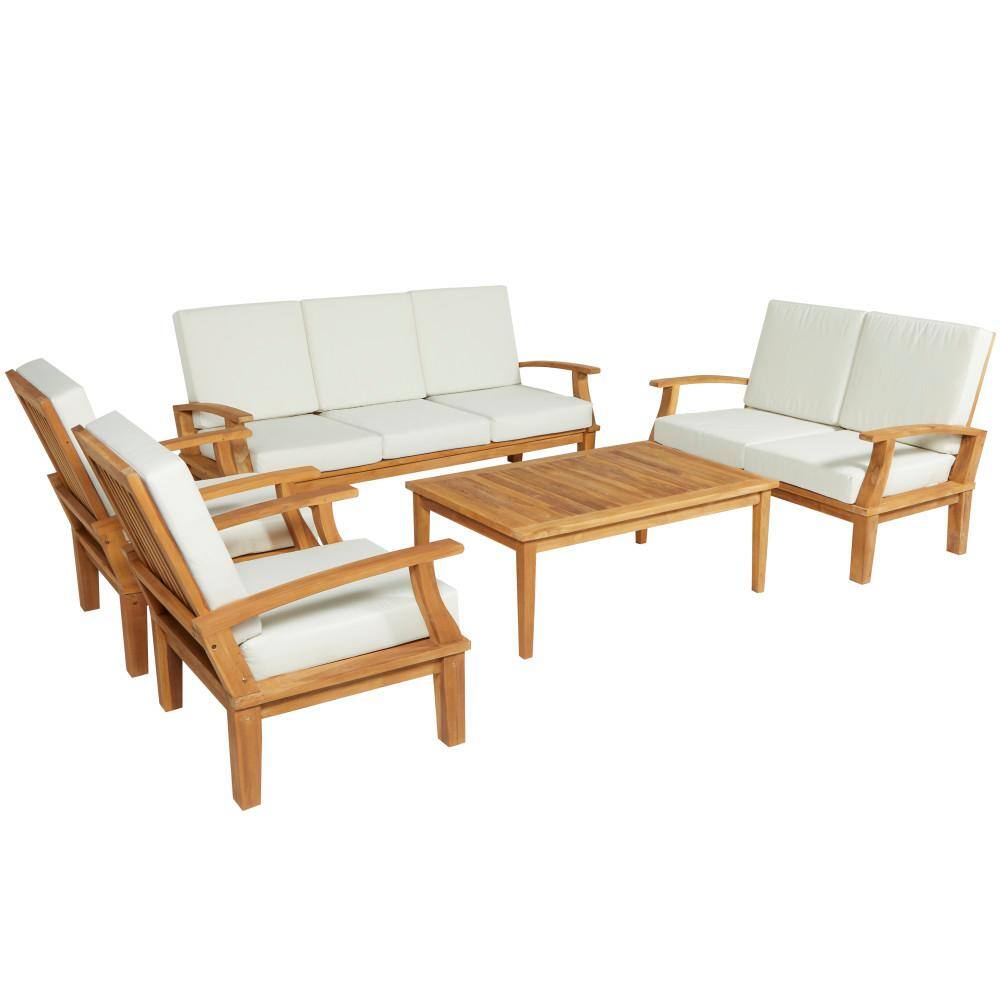 Brown Teak Wood 5-Piece Outdoor Seating Set with Cushions