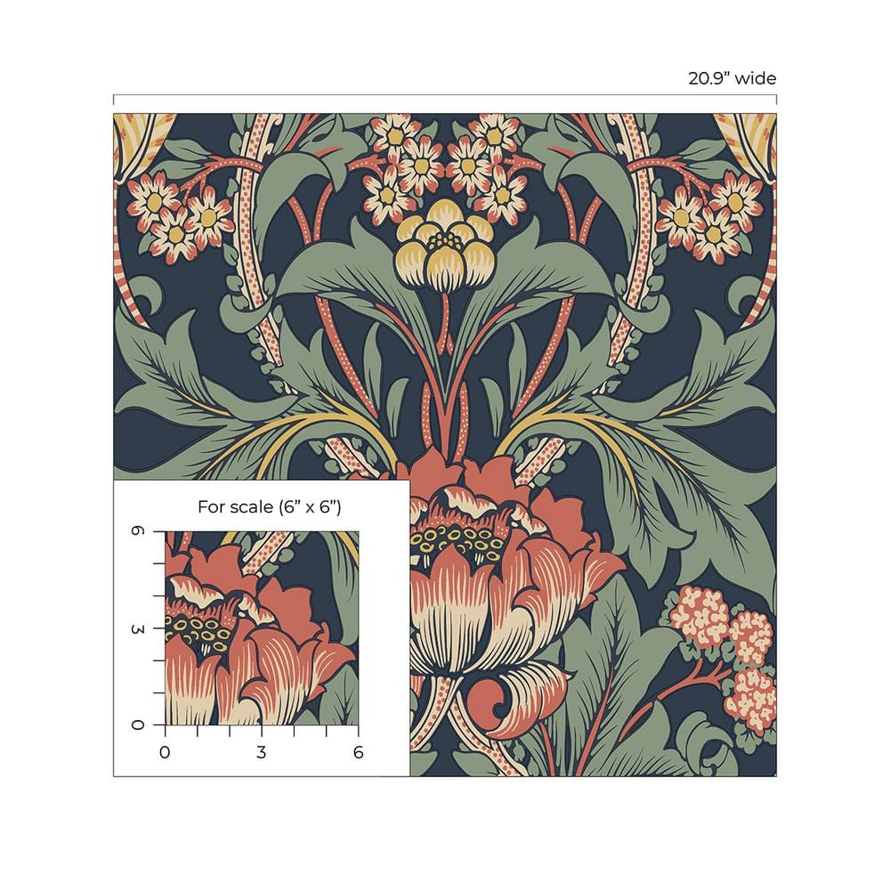 Denim Blue and Auburn Floral Peel and Stick Wallpaper