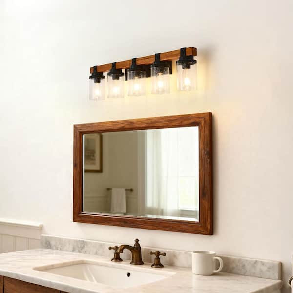 31.5 in. 5-Light Matte Black and Wood Vanity Light with Clear Glass Shades for Bathroom or Bedroom(No Bulbs)