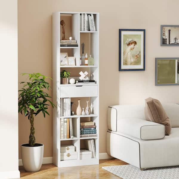 71 in. Tall Bookcase w/ Drawer Modern Bookshelf w/ 10 Open Cubes Display Rack