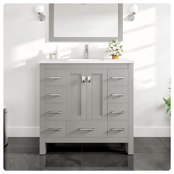 Eviva Hampton 36 in. Single Sink Gray Bath Vanity with White Carrara Quartz Top (Assembled)