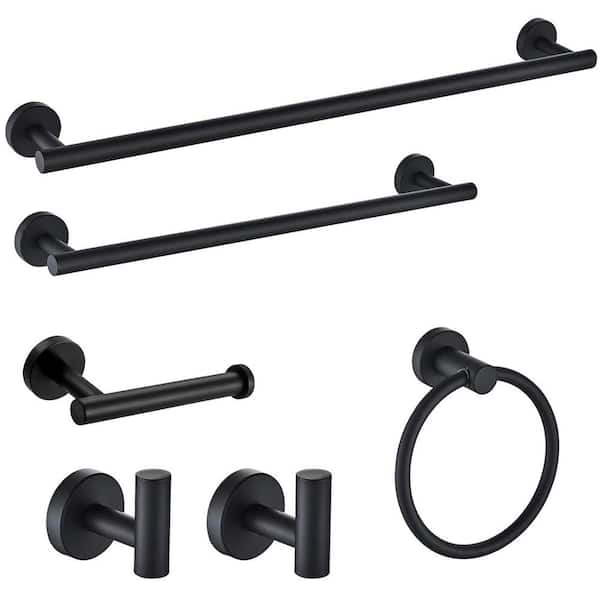 ruiling Porter 6- Piece Bath Hardware Set with Towel Ring Toilet Paper Holder Towel Hook and Towel Bar in Stainless Steel Black