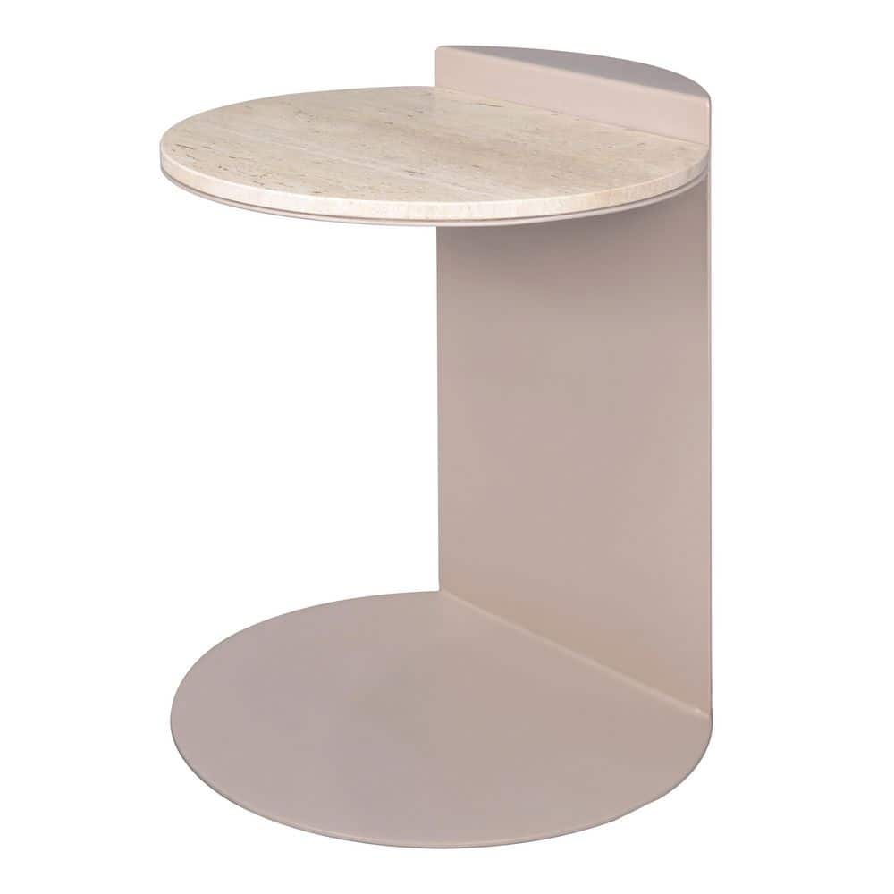 Side angle view of the beige C-shaped end table with a round marble top.