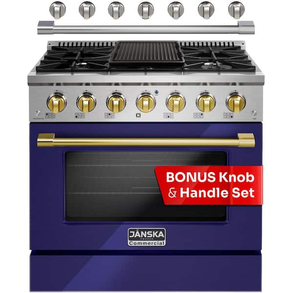 JANSKA Professional 36 in. 5.2 cu. ft. Gas Range with Italian-Made 6-Sealed Burners, Convection Oven, Griddle in Lustrous Blue